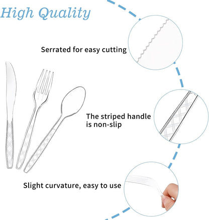 Clear Plastic Cutlery Set 150 PCS, Disposable Cutlery Set - 50 Forks, 50 Spoons, 50 Knives, Reusable Plastic Silverware for Birthday Party Supplies