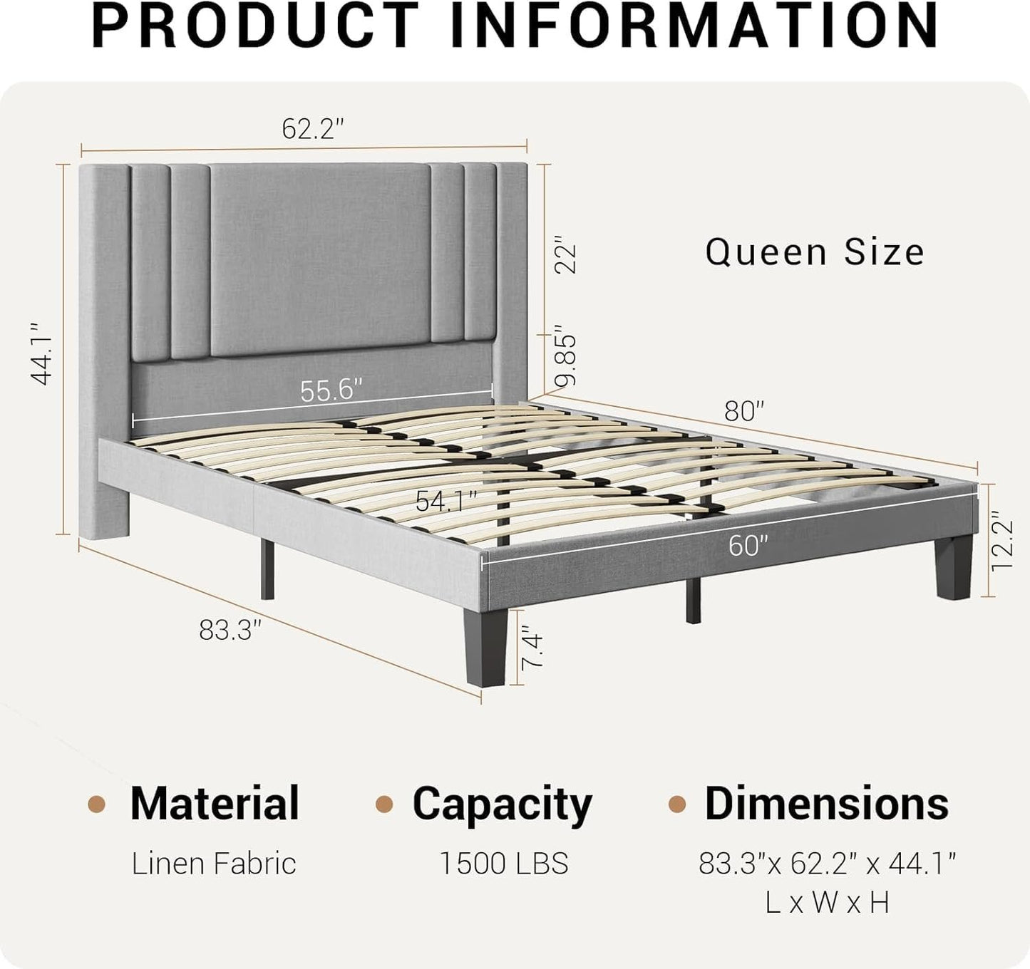 Queen Bed Frame with Headboard Upholstered Platform Bed Frame for Bedroom Wood Slat Support, No Box Spring Needed (Light Grey Linen, Queen)