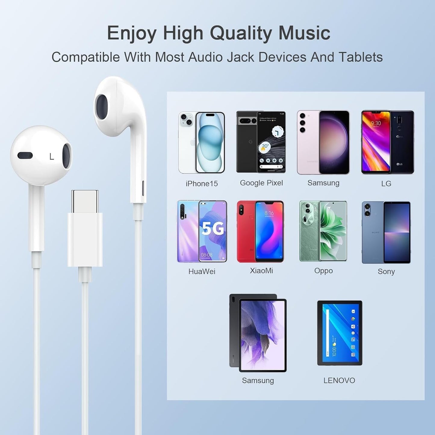 Apple Earbuds with USB C Wired Earphones Noise Canceling Isolating with USB-C Plug (Built-in Microphone & Volume Control) for Phone 15 Android Smartphone and Other USB C Type C Device