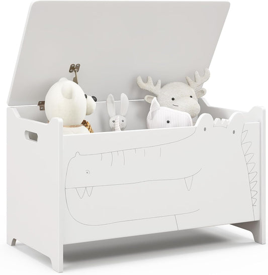 HONEY JOY Kids Toy Box Storage Chest, Wooden Trunk Bench w/Safety Hinge, Children Storage Cabinet w/Handles, Flip-Top Home Organiser Toy Bench Box for Kidâ€™s Room Playroom Bedroom Living Room (White)