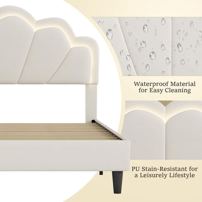 Luxsuite Double Size Bed Frame with Elegant Flowers Headboard Metal Platform Wooden Mattress Base Bedroom Furniture Foundation White