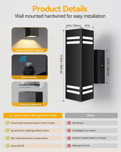KIZON Outdoor Light with Outlet, Dusk to Dawn Outdoor Light Fixture, Matte Black Exterior Light Fixture Square, Alunmium Up and Down Lights Outdoor Anti Rust, Outside Lights for House Porch Garage