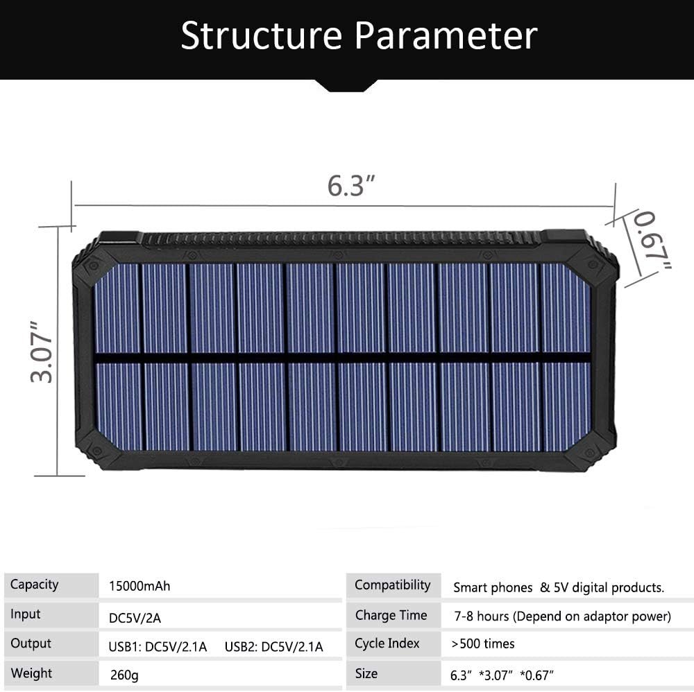 Solar Charger, Friengood 15000mAh Portable Solar Power Bank with Dual USB Output Ports, Solar Phone Charger External Battery Pack with 6 LED Flashlight Light for iPhone, iPad, Android and More (Black) …