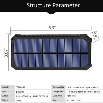 Solar Charger, Friengood 15000mAh Portable Solar Power Bank with Dual USB Output Ports, Solar Phone Charger External Battery Pack with 6 LED Flashlight Light for iPhone, iPad, Android and More (Black) …