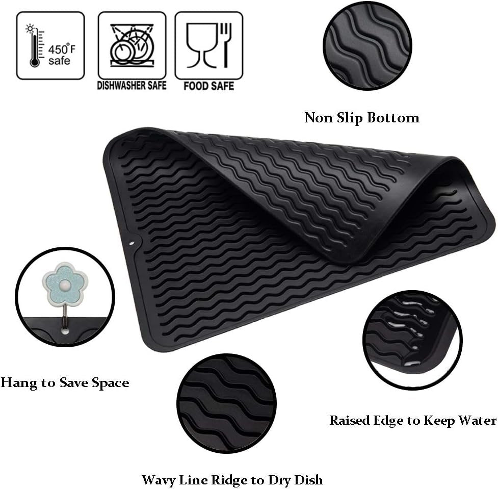 ZLR Silicone Dish Drying Mat for Kitchen Counter, Eco-Friendly Quick Dry Dish Mat, Easy Clean Multi Usage Drying Matt, Heat Resistant Trivet (2 x Black, L (12" x 16"))