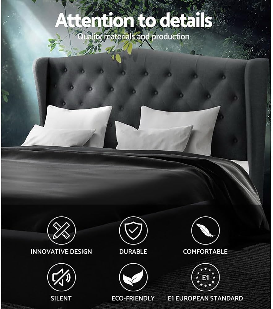 Artiss King Bed Frame Platform Wingback Headboard Frames Beds Base Bedroom Room Decor Home Furniture, Upholstered with Charcoal Faux Linen Fabric + Foam + Steel, Modern Design