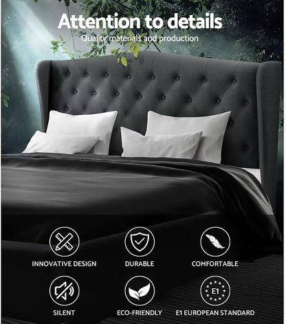 Artiss King Bed Frame Platform Wingback Headboard Frames Beds Base Bedroom Room Decor Home Furniture, Upholstered with Charcoal Faux Linen Fabric + Foam + Steel, Modern Design