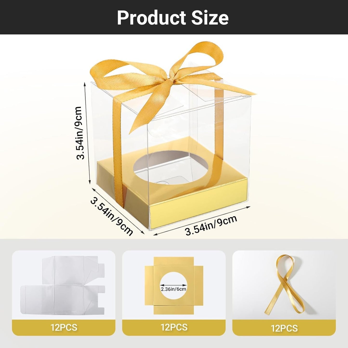EUSOAR Gold Cupcake Boxes, 12pcs 3.5"x3.5"x3.5" Individual Cupcake Containers with Ribbon and Inserts, Plastic Dessert Muffins Clear Holder Disposable Cake Carrier for Birthday Wedding Party Favor