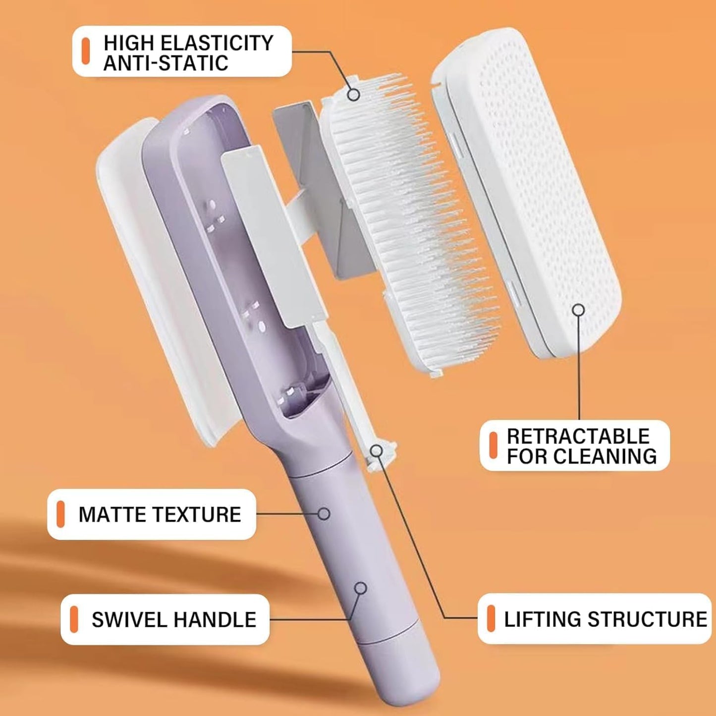 WADY Self Cleaning Hair Brush with Retractable Bristles,Tangle-Free & Anti-Static Hairbrush for All Hair Types, Frizz-Free Women's Brush, Easy to Clean (Purple)