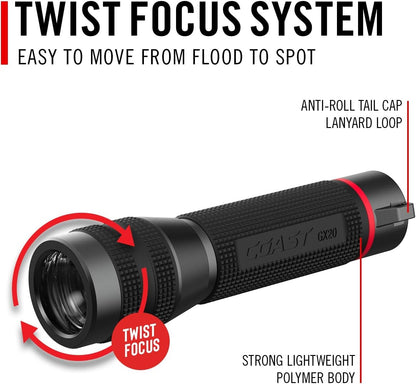 Coast GX20 1200 Lumen Waterproof Alkaline-Dual Power LED Flashlight with Twist Focus, Anti-Roll Cap and Textured Handle - Compatible with 4 x AAA Batteries (Included) or ZX750 Rechargeable Battery