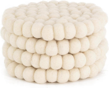 Set of 4 Round Felt Ball Coasters - 100% Merino Wool Table Coasters for Drinks and Bar - Absorbent, Heat Resistant, Thick & Durable Felt Coaster Pads - Handcrafted in Nepal, Eco-Friendly-White, B1400