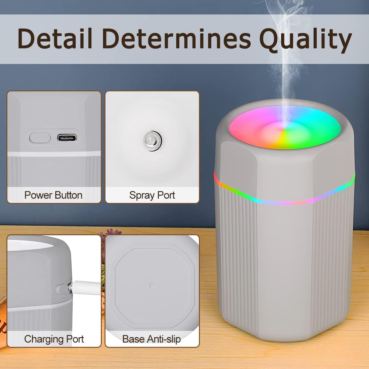 UCINNOVATE 300ml Essential Oil Diffuser, Cool Mist Humidifier with Colorful Lighting, USB Essential Oil Aromatherapy Diffuser for Home Bedroom Office, 2 Mist Modes, Auto Off Safety Function(Grey)