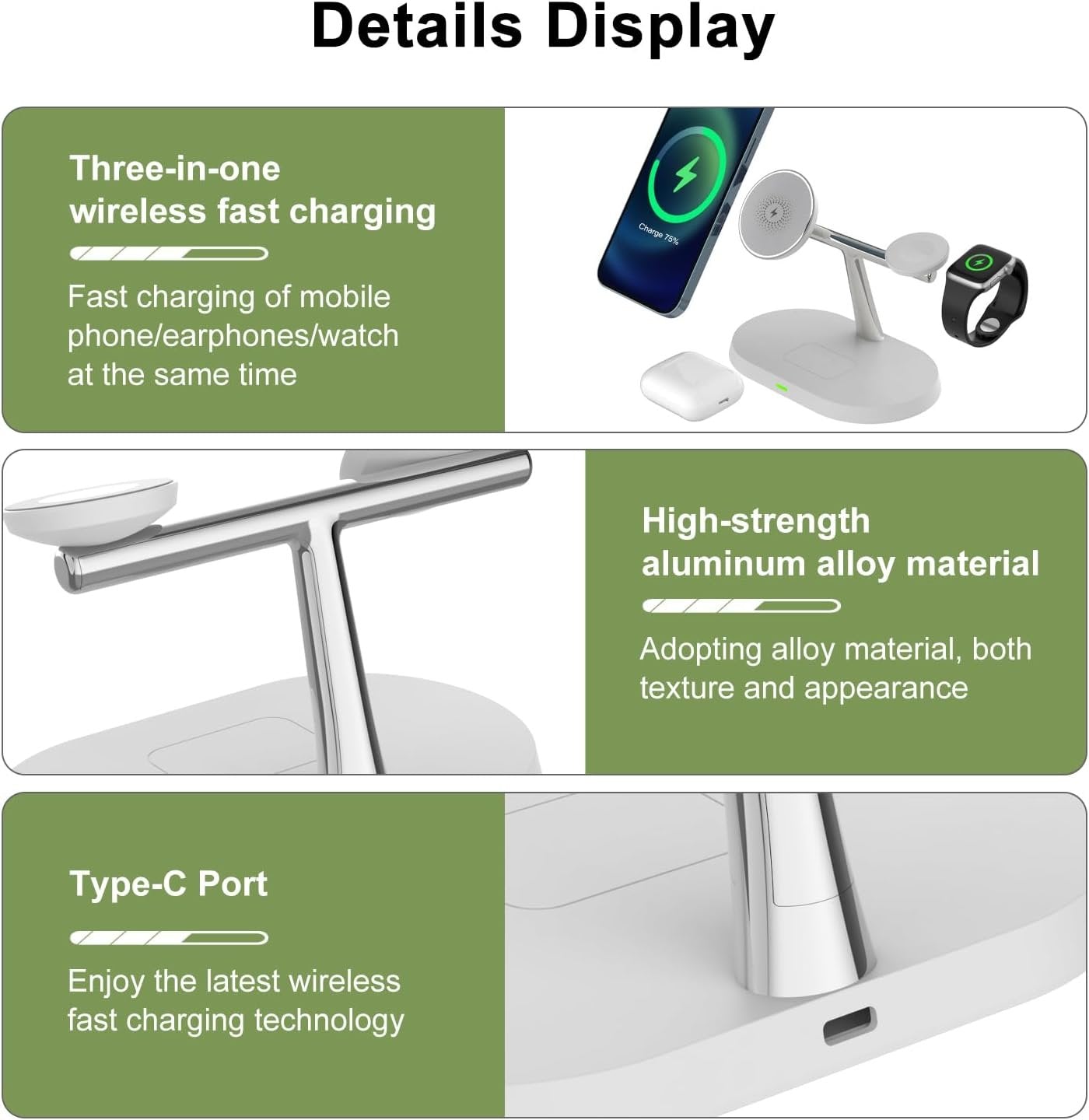 BUCKKO 3 in 1 Wireless Charging Station Compatible with Magsafe Qi | iPhone | iWatch |Airpod Charging Station| Fashion Desktop Devices Reliable Voltage Support 3X+ Devices (White W/O Night Light)