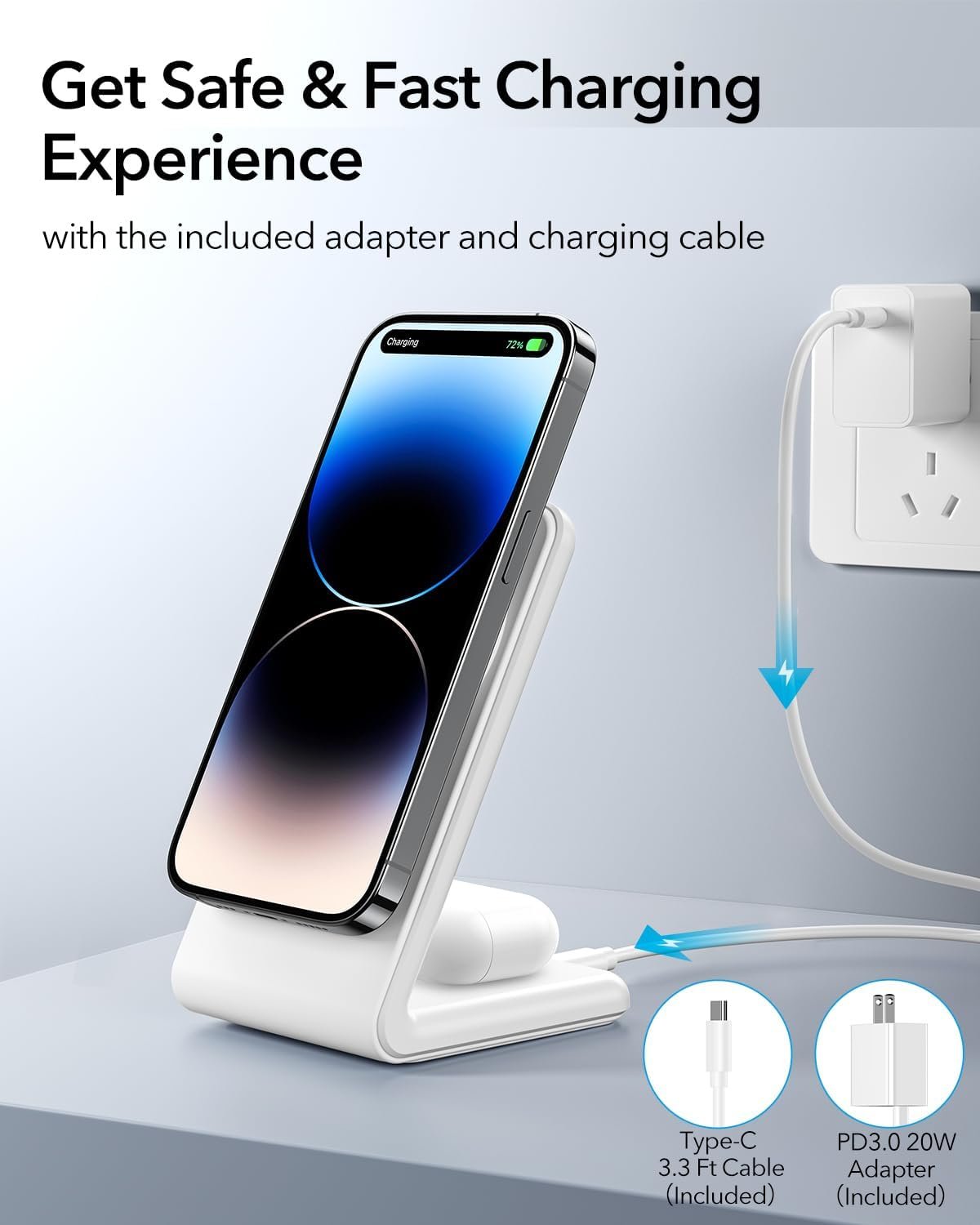Meifigno 2-in-1 for Magsafe Charger Stand with [PD3.0 20W USB-C Charger Block & Cable] - Fast Charging Wireless Charger for iPhone 16/15/14/13/12 Pro Max, AirPods, White