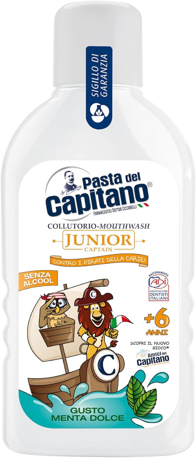 Pasta del Capitano, Junior Mouthwash with Sweet Mint Flavour, Alcohol-free, Prevents the Formation of Caries, Ideal for Children from 6 Years of Age, 100% Made in Italy, 400 ml Bottle