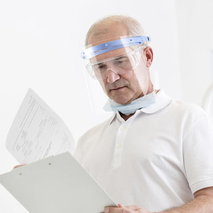 5 Pcs Safety Face Shields, Replaceable face Shields, Adjustable Face Cover, 1 Sets of Blue Reusable Brackets 5 Pcs Reusable 28 * 19.5cm Full Face Shield, Anti-Fog Replaceable Clear Protective Films