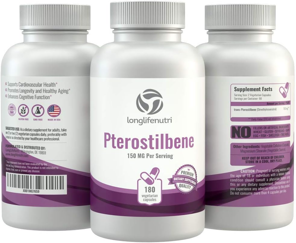 Pterostilbene 150mg, 180 Vegetarian Capsules, 3-Month Supply for Natural Wellness, Made in USA, Pure Natural Powder