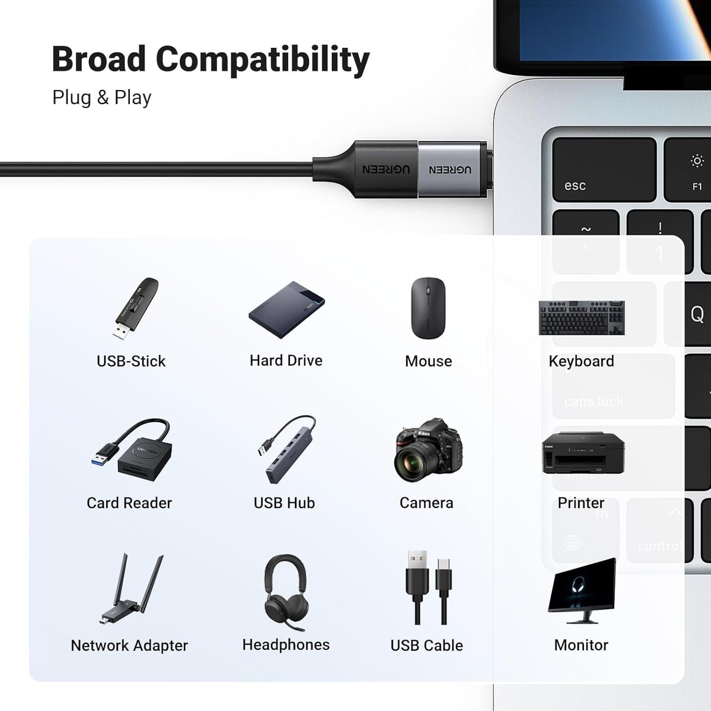 UGREEN USB C to USB Adapter 2 Pack, USB 3.2 Gen 2 10Gbps USB C Male to USB Female Adapter Thunderbolt 4 3 to USB Adapter OTG Compatible with iPhone 15, Galaxy S24, MacBook Pro Air, iPad Pro, Black