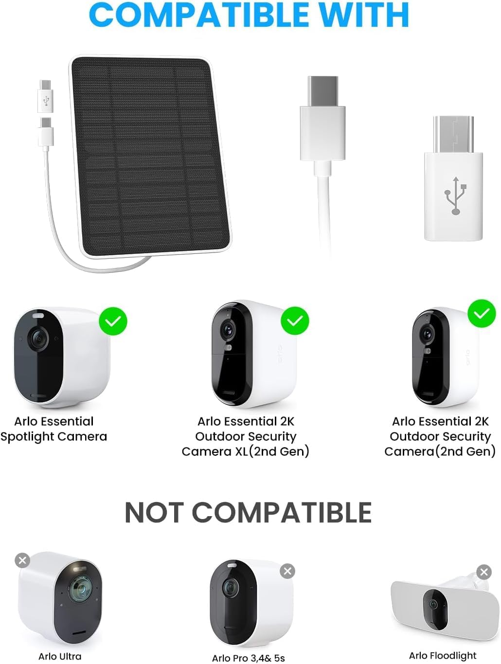 Solar Panel Charger Compatible with Arlo Essential 2K Outdoor(2nd Gen)/Essential XL Camera(2nd Gen)/Essential Spotlight, 5W Solar Panel with IP65 Waterproof 10ft Micro USB-C Cable (2 Pack)