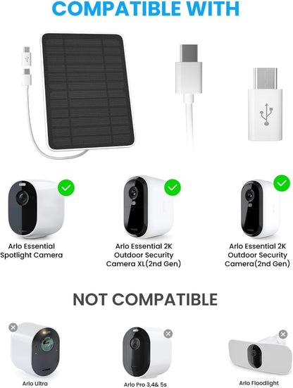 Solar Panel Charger Compatible with Arlo Essential 2K Outdoor(2nd Gen)/Essential XL Camera(2nd Gen)/Essential Spotlight, 5W Solar Panel with IP65 Waterproof 10ft Micro USB-C Cable (2 Pack)