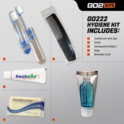 Go2Kits Travel Toiletry Kit, Hygiene Kit for Travel, Business & Charity with Reusable Toothbrush, Bath Soap & Other Essential Toiletries, 1-Pack