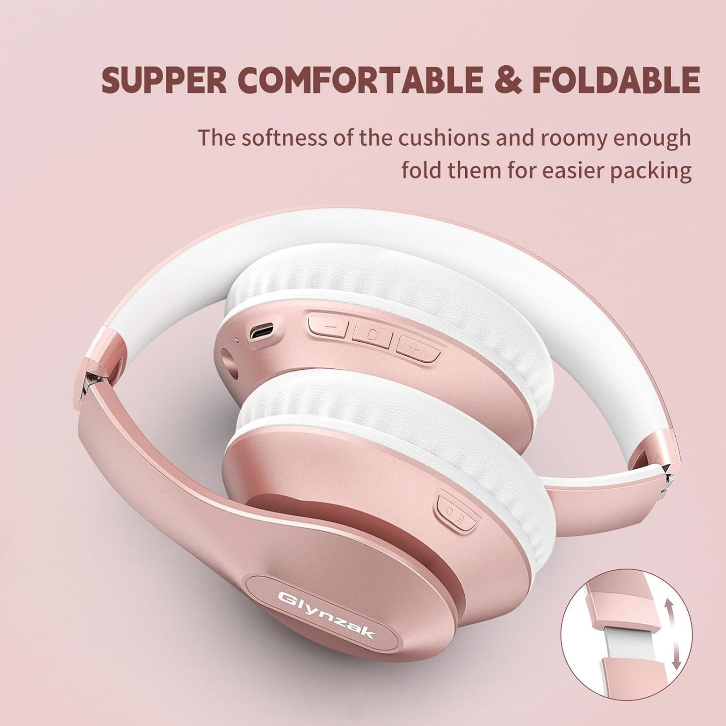 Glynzak Wireless Bluetooth Headphones Over Ear 65H Playtime HiFi Stereo Headset with Microphone and 6EQ Modes Foldable Bluetooth V5.3 Headphones for Desktop Computer Laptop Rose Gold