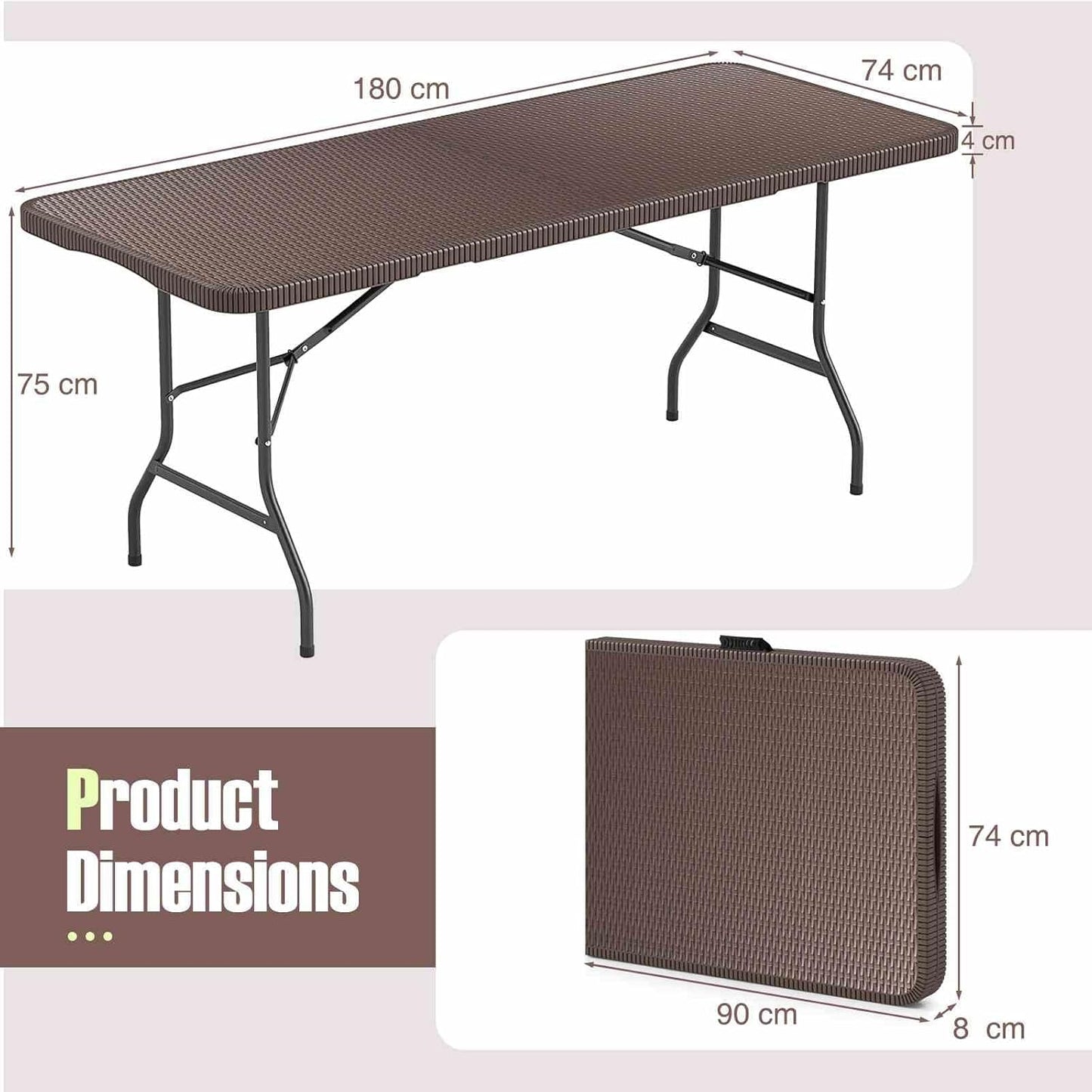 Costway 180cm Outdoor Portable Folding Table, 160kg Fold-in-Half Table w/HDPE Rattan-Like Tabletop, Safe Lock Mechanism, Patio Folding Dining Table w/Carrying Handle for Party, Picnic, Camping