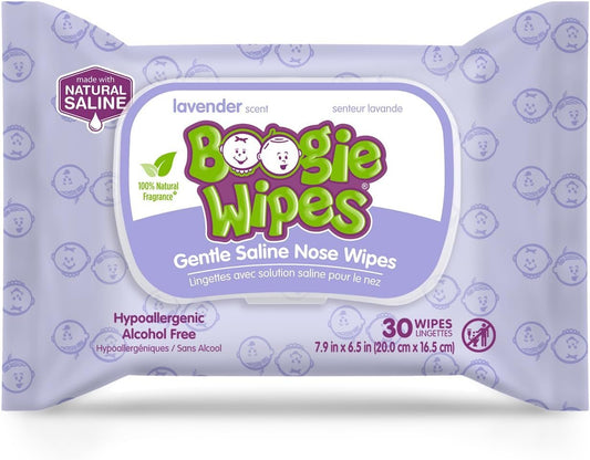 Boogie Wipes Gentle Wet Wipes for Baby & Nose, Made with vitamin E, Aloe, Chamomile and Natural Saline, Lavender Scent, 30 Count