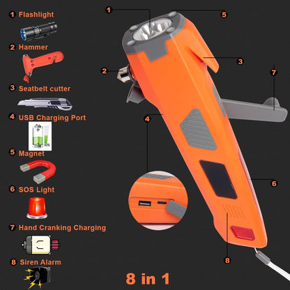 LUXON Emergency Tool 7-in-1 Car Safety Tool,Includes Window Hammer,Seat Belt Cutter,LED Flashlight,Rescue Tool Contains USB Charger,SOS Light,Hand Cranking Charge for Vehicle Escape/Field Survival