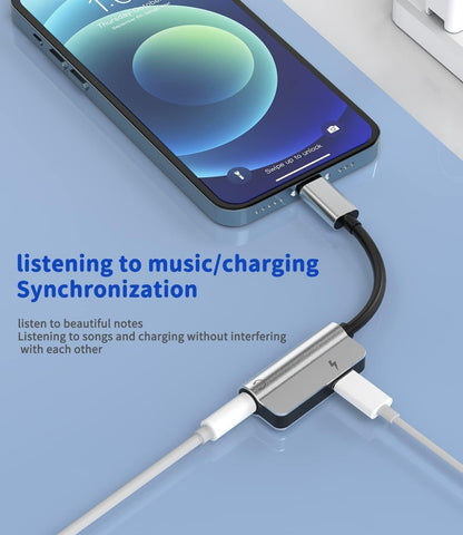 Lightning to 3.5mm Dongle Splitter(2in1)Apple MFI Certified iPhone AUX Adapter Charger Headphone Jack Adaptador Para Cable for 14 13 12 11 Pro Max X XR SE 7 8 Plus Mini Music Audio Earphone Power Cord
