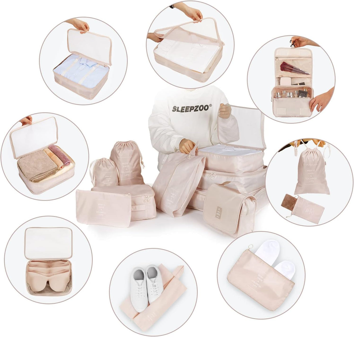 TAMOWA Organizer Suitcases Set of 9, Travel Cube Packing Cubes, Cosmetics Clothing Underwear Footwear Organizers Sacks Storage Suitcase Set, beige, L