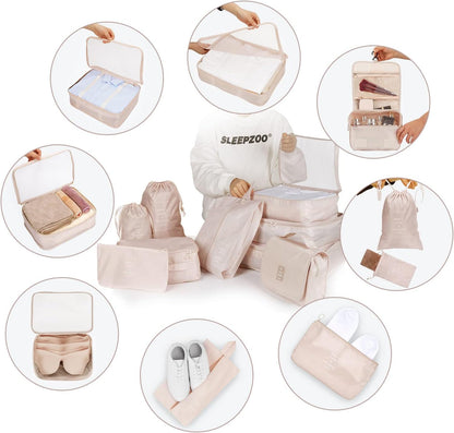 TAMOWA Organizer Suitcases Set of 9, Travel Cube Packing Cubes, Cosmetics Clothing Underwear Footwear Organizers Sacks Storage Suitcase Set, beige, L