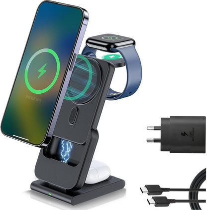 Premium 3-in-1 Wireless 10000mah Charging Station & MagSafe Power Bank for iPhone 12/13/14/15 Series, Apple Watch, & AirPods - Includes USB-C Cable & AU Wall Charger