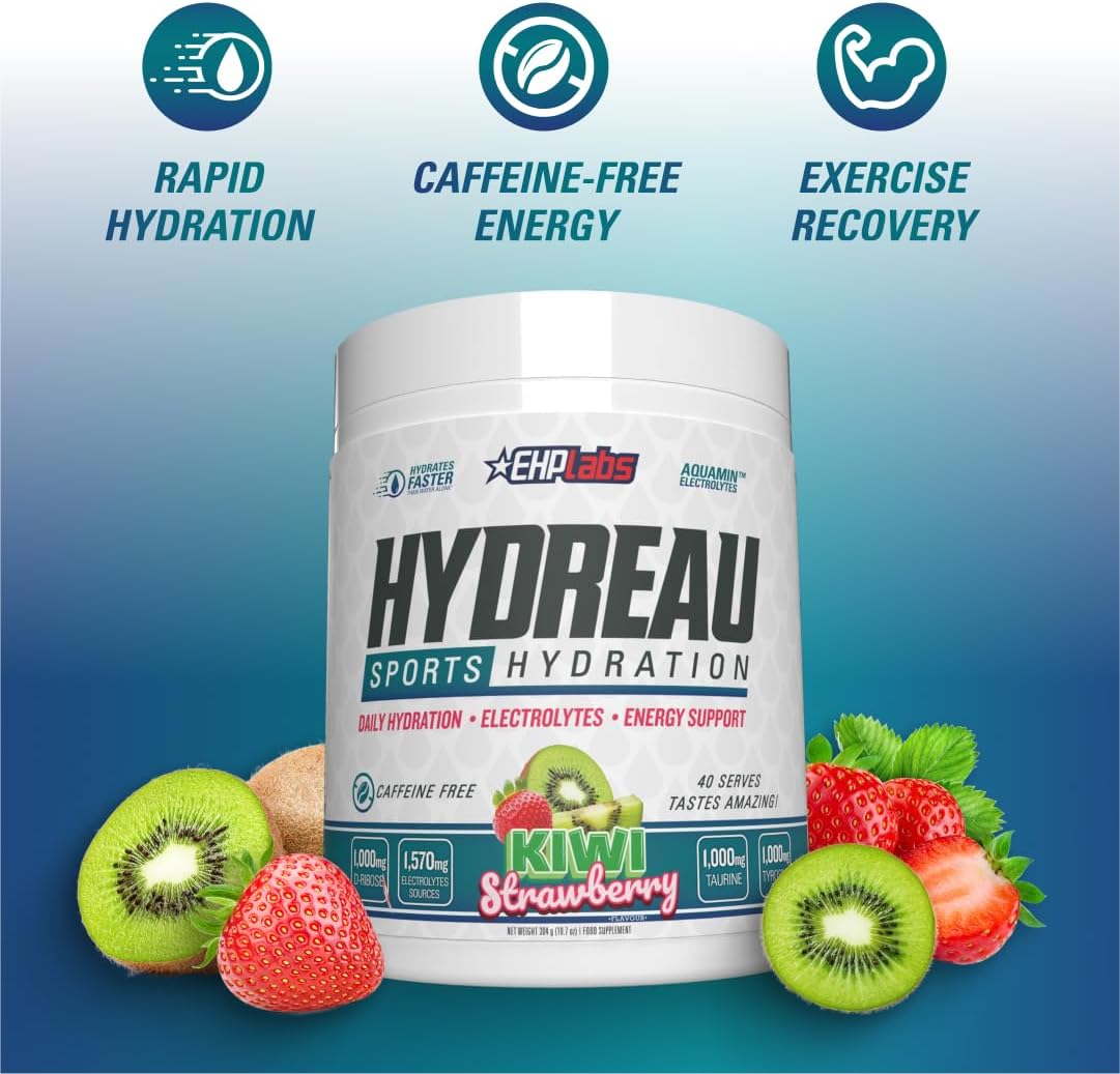 EHP Labs Hydreau Electrolytes Powder No Sugar - Hydration Powder for Endurance & Energy - Electrolyte Powder for Men & Women - Sugar Free Electrolytes - (Kiwi Strawberry, 40 Serves)