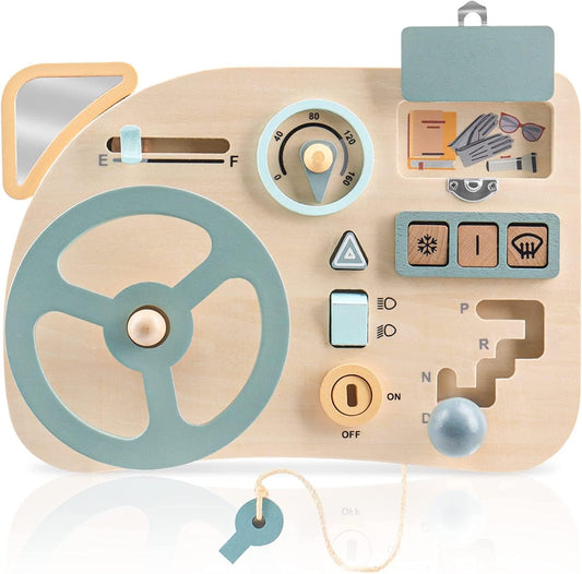 Vanplay Montessori Busy Board Steering Wheel - Wooden Sensory Toys for Toddler 1-2 Year Old Preschool Learning Activities for Fine Motor Skills Toddler Travel Toys for 1 2 3 4 5