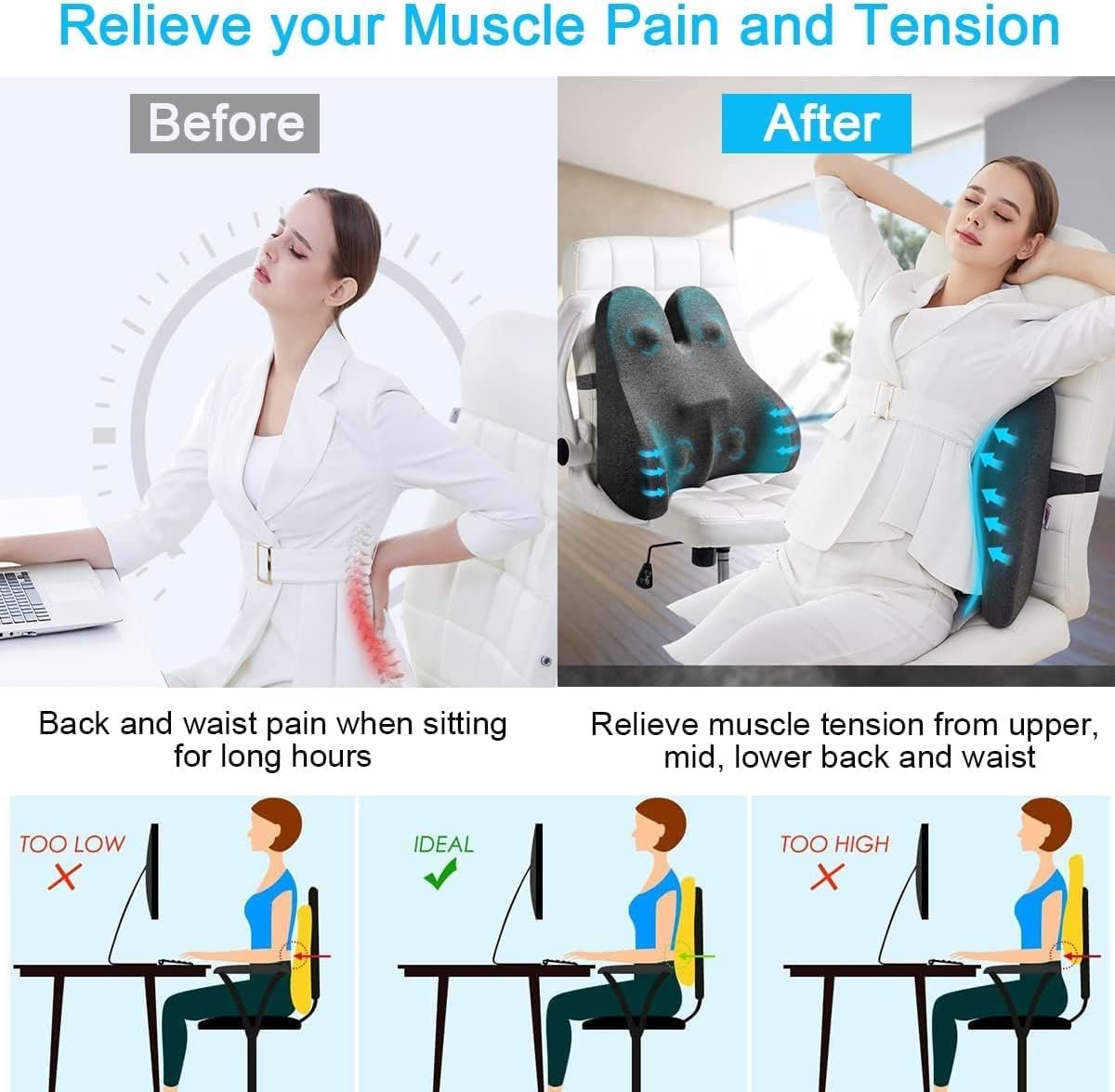 Mofish Lumbar Support Pillow Upgraded Back Support Pillow Memory Foam Back Cushion Backrest with Massage Nodes and Adjustable Strap, Ergonomic Design for Lower Back Pain Relief for Car Home Office