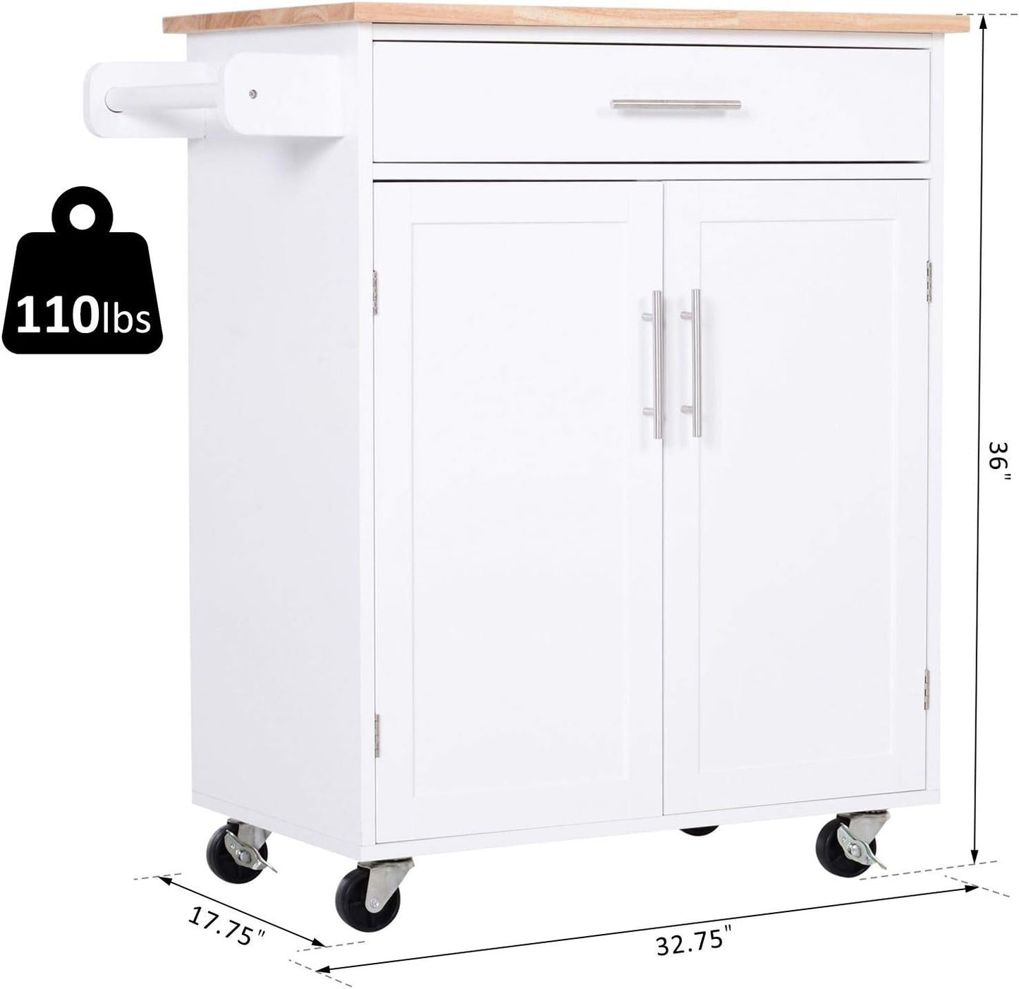 HOMCOM Rolling Kitchen Island Cart with Wood Top, Enough Storage Drawer Space with Towel Bar Rack Shelves, Portable Kitchen Utility Serving Cart Trolley on Wheels (White)