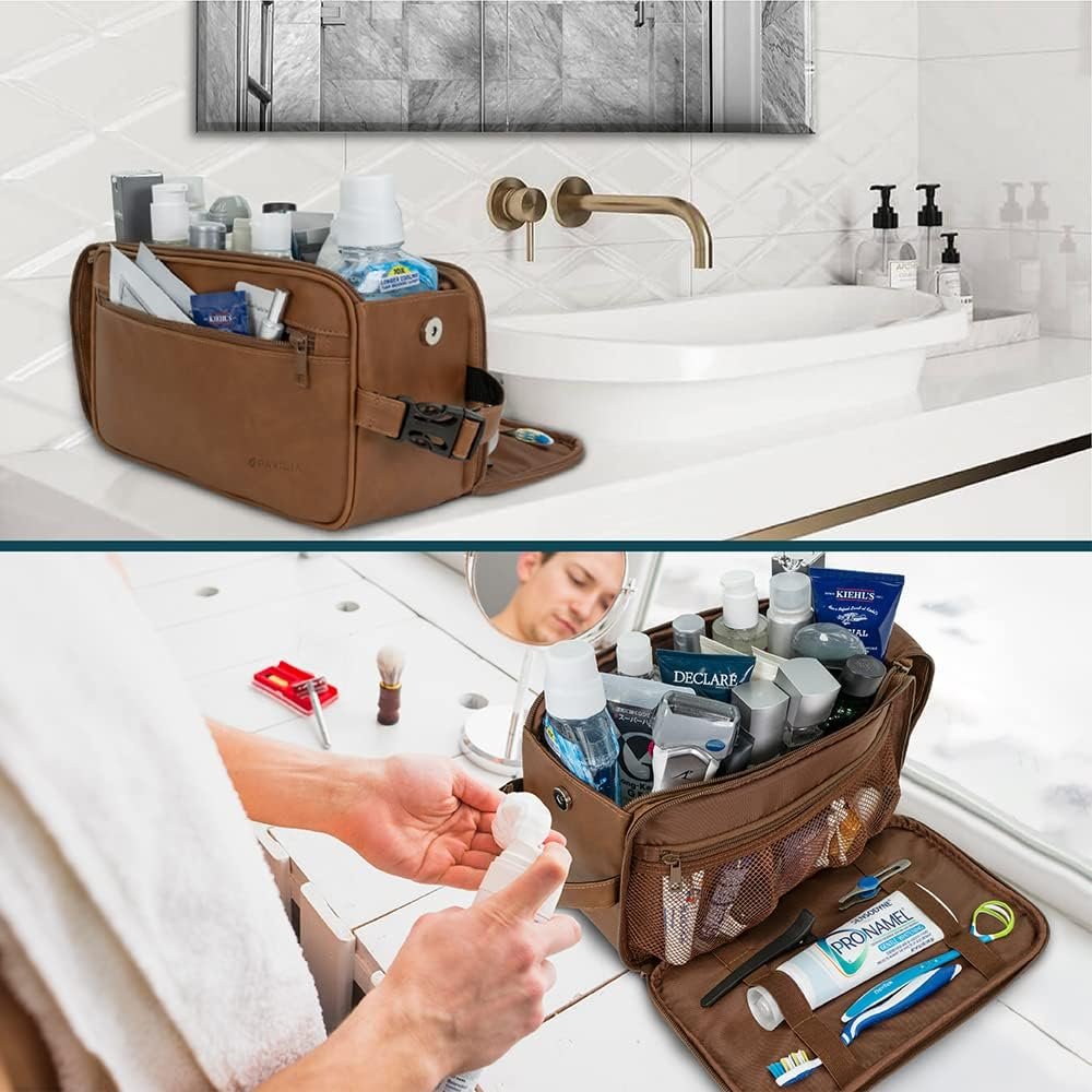 PAVILIA Toiletry Bag for Men, Travel Essentials Shaving Dopp Kit, Travel Bag Toiletries Organizer Case, Cosmetic Make Up Bag, Water Resistant, Brown, Extra Large (12x6x7)