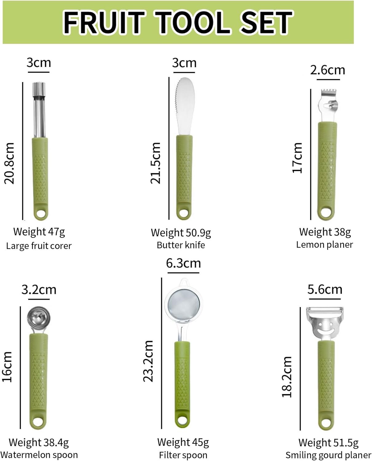 6 Pcs Fruit Tool Set - Stainless Steel Kitchen Handle Utensils with Storage Stand, Includes Melon Baller, Lemon Zester, Peeler, Butter Knife, Corer, Mini Strainer, for Fruit Vegetable Prep