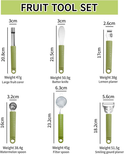 6 Pcs Fruit Tool Set - Stainless Steel Kitchen Handle Utensils with Storage Stand, Includes Melon Baller, Lemon Zester, Peeler, Butter Knife, Corer, Mini Strainer, for Fruit Vegetable Prep