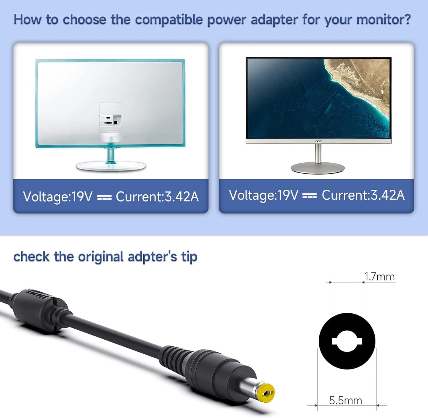 19V Adapter Power Cord for Acer LCD Monitor H236HL SA230 G276HL G246HL G206HQL S271HL S240HL G236HL S220HQL S242HL G226HQL S202HL S230HL G237HL S231HL S232HL S241HL H226HQL H276HL HN274H