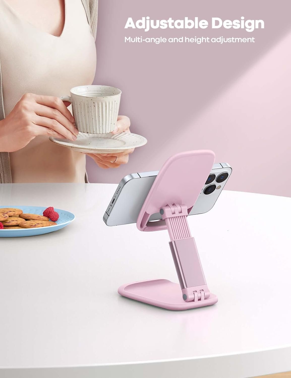 Lamicall Pink Phone Stand, Pink Desk Accessories - Rose Gold Pink Office Cell Phone Holder, for Desks, Desktop, Office Desk Accessories, Decor for Women, for iPhone, 4-8'' Phone