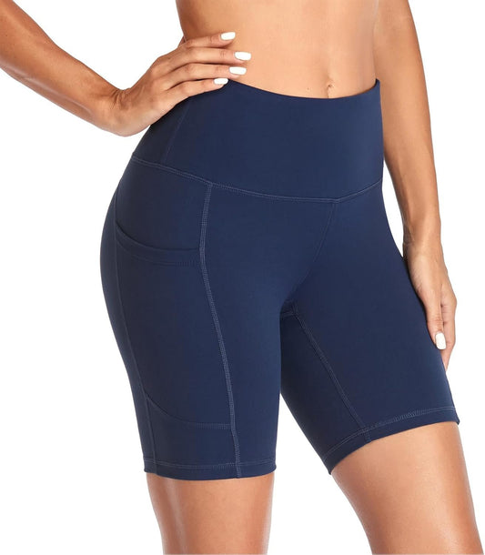 GIMDUMASA Gym Shorts for Women High Waisted Biker Shorts with Pockets Yoga Workout Shorts for Running Bicycle Cycling Sport