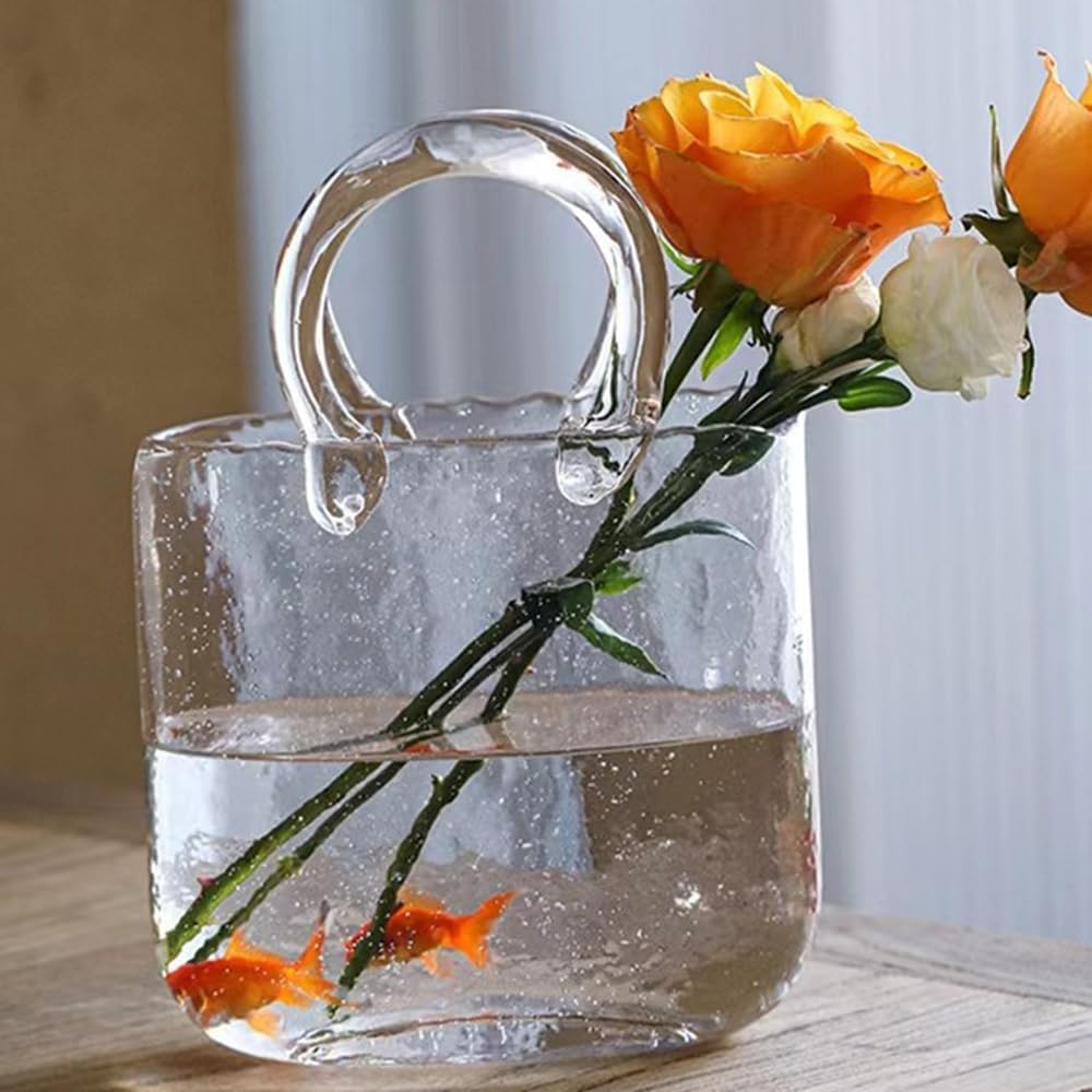 DZGUAI glass bag vase, purse vase with fish bowl, Handbag Shape flower vase - for Home Décor, enterpiece,Office, Garde (transparent)