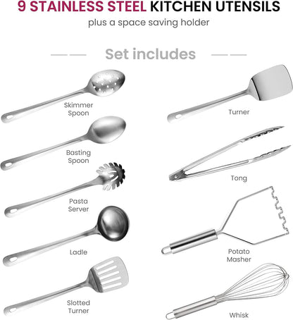 Kitchen Utensils Set - 10-Piece, Stainless-Steel Cooking Utensils w/Spoons, Whisk, Spatula, Tongs, Ladle, Masher & Cooking Utensils Holder - Kitchen Accessories, Gadgets and Tools (Brushed Finish)