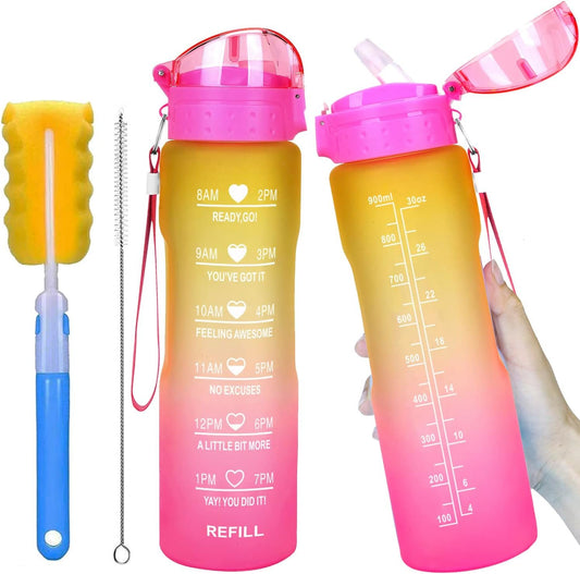 32oz Leakproof Water Bottle with Time Marker & Straw lid to Ensure You Drink Enough Water Throughout The Day for Fitness and Outdoor Enthusiasts, BPA Free, with Straw Brush (Yellow Pink)