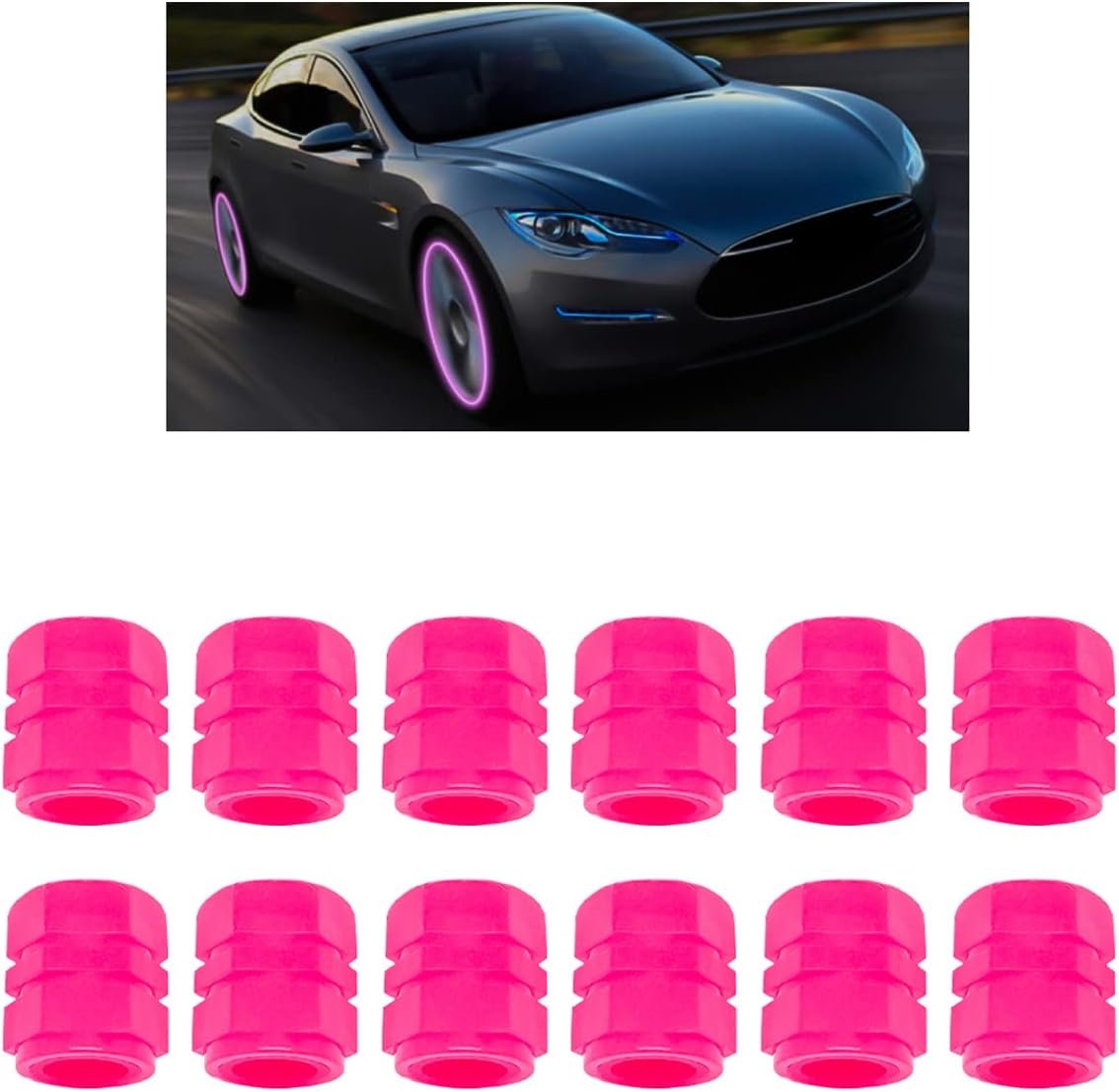 Tire Valve Stem Caps for Car, 12PCS Noctilucous Tire Air Caps Cover, Illuminated Auto Wheel Valve Stem Cap, Car Accessories Universal for Car, Truck, SUV, Motorcycles, Bike (Pink)