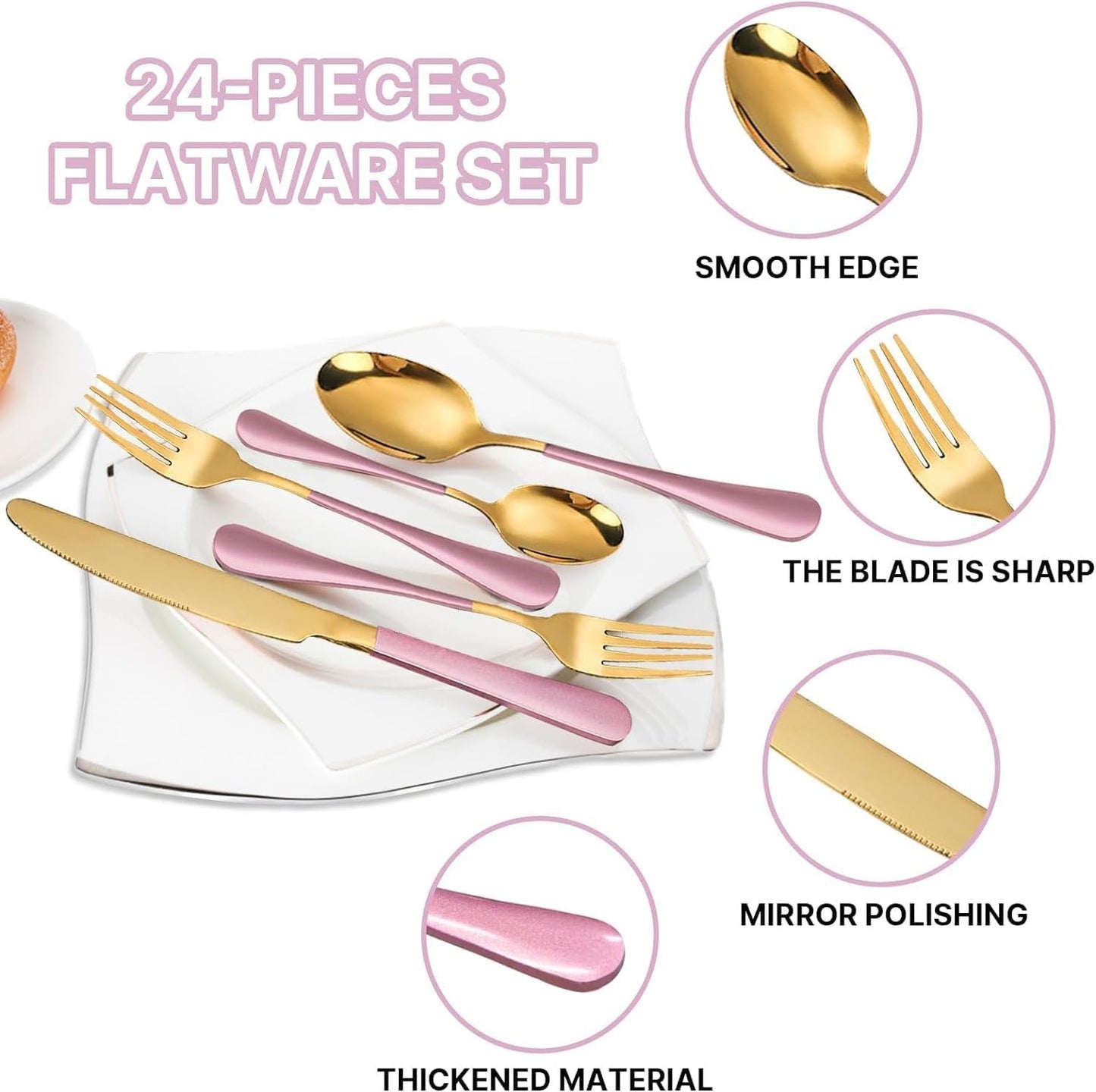 24 Piece Flatware Set, Stainless Steel Cutlery Set with Silverware Holder, Spoons, Forks, and Knives, Utensil Set Service for 6, Gold Mirror Polished and Matte Pink Painted (Pink)