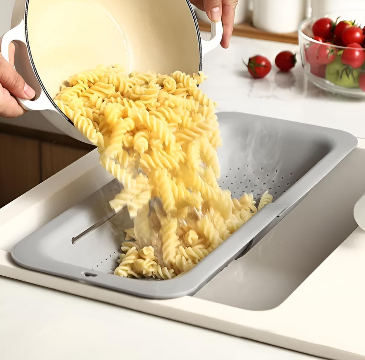 3 in 1 Pack Kitchen Sink Colander Strainer Basket, Home Apartment Kitchen Essentials, Fruit and Vegetable Colander, strainers and colanders, Food Strainer, Extendable Colander Strainer Basket - Grey