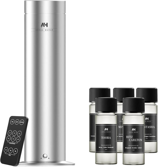 Electric Waterless Essential Oil Diffuser Starter Kit - Covers Up to 1000 Sq Ft - Essential Oil Diffuser for Large Rooms - Hotel-Inspired Home Aroma - Remote Control + 5 Premium Scent Oils Included